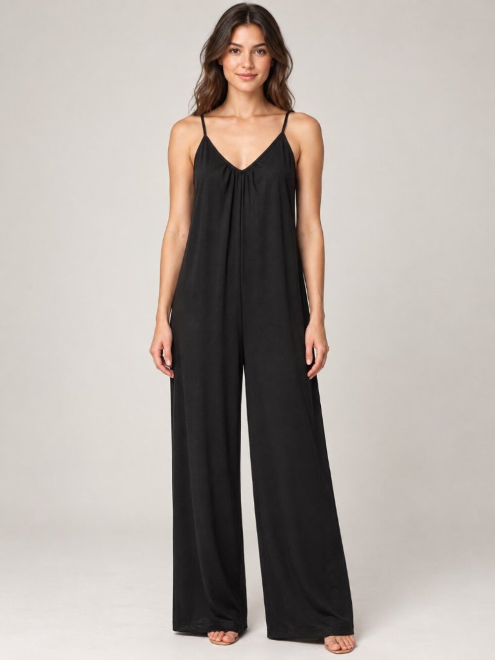Unbranded M Black Wide Leg Jumpsuit Spaghetti Strap V Neck Minimalist